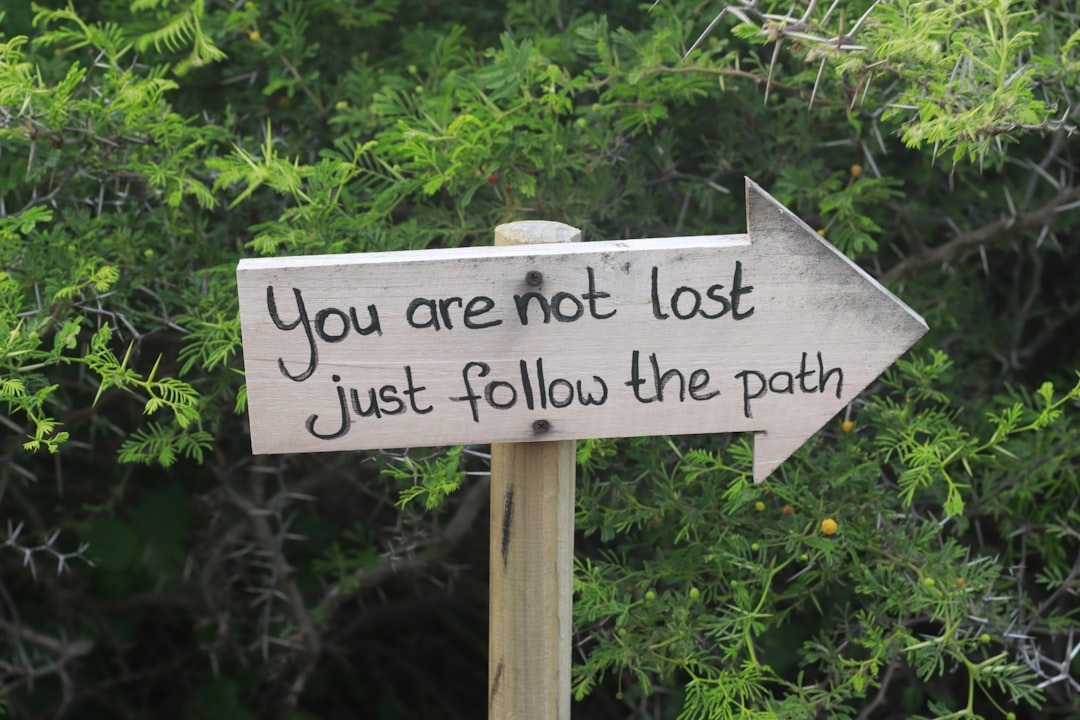 Wooden arrow sign pointing right with hand-written guidance text.